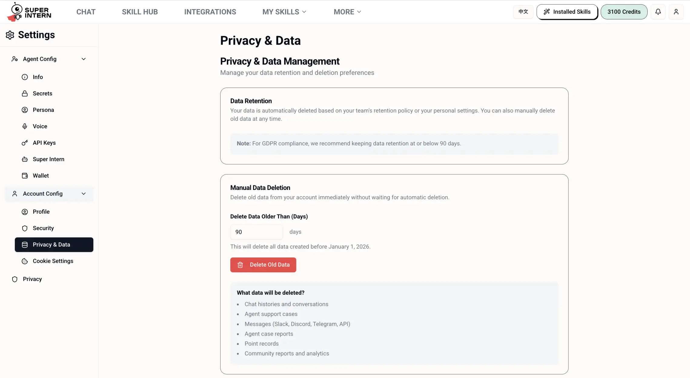 SuperIntern account privacy settings: delete your data from the dashboard