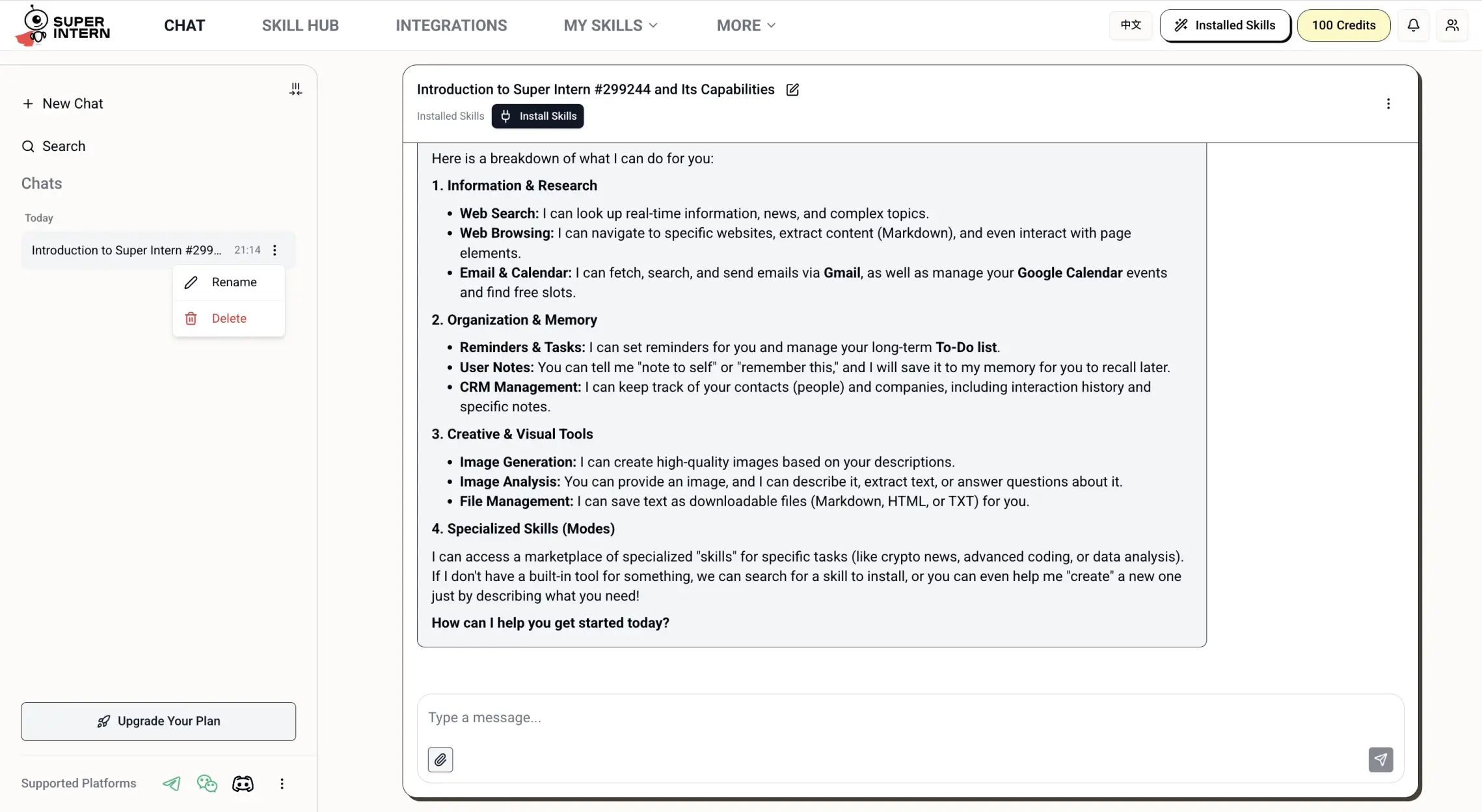 SuperIntern sidebar: open the conversation menu (three dots) and choose Delete to remove one chat session