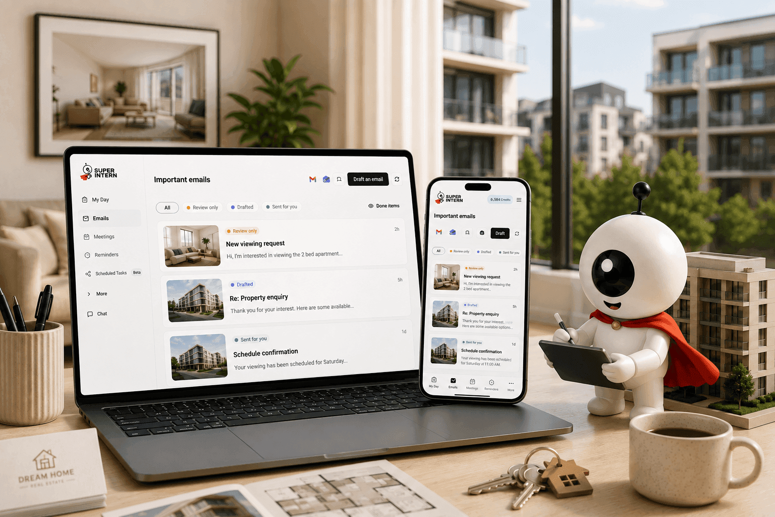 SuperIntern AI assistant for estate agents on a laptop, with mascot and property model